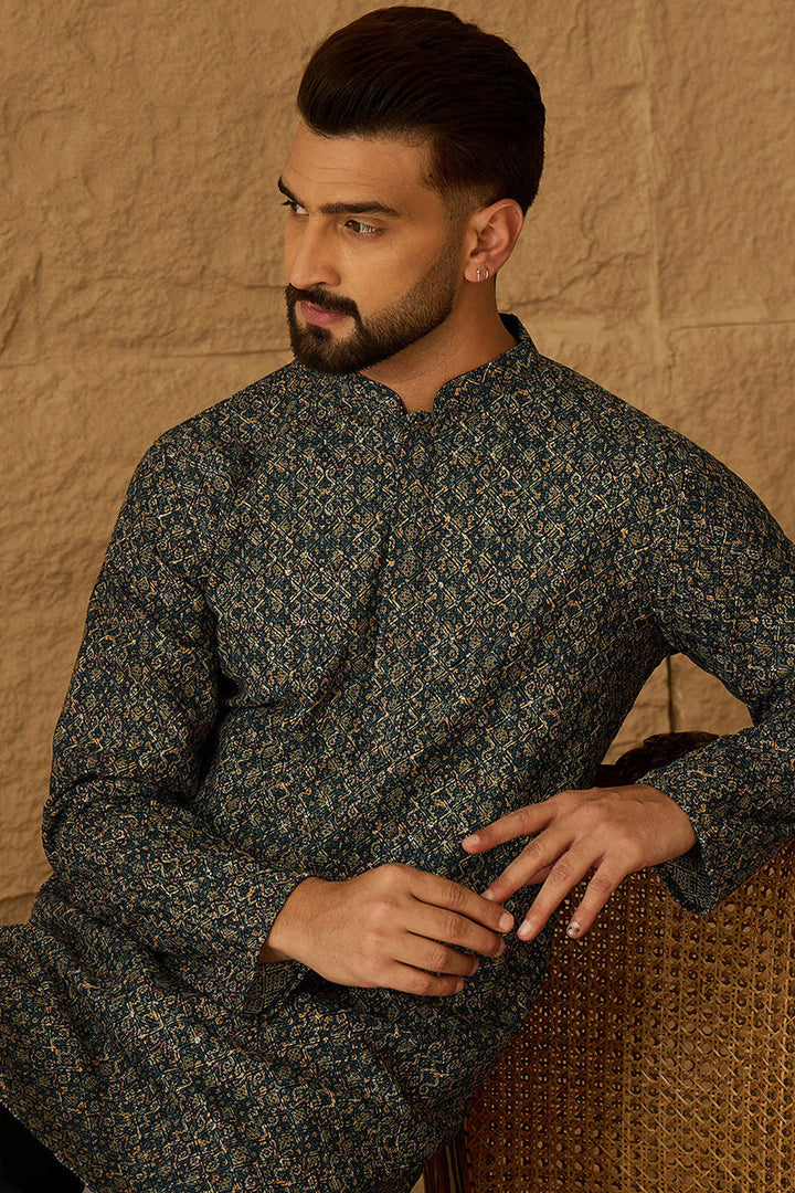 Navy Blue Viscose Rayon Geometric Printed Straight Kurta with Trouser | SHOBITAM