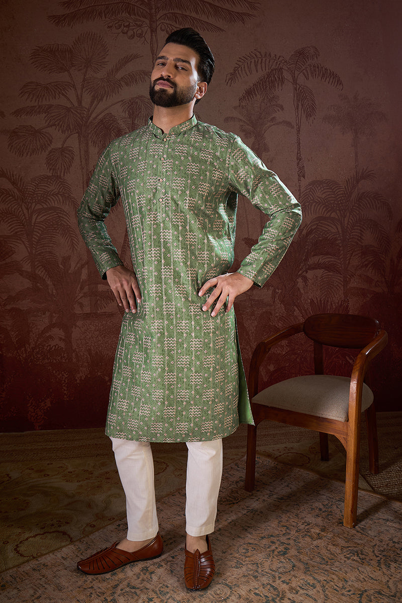 Green Silk Blend Ethnic Motifs Printed Straight Kurta For Men | SHOBITAM