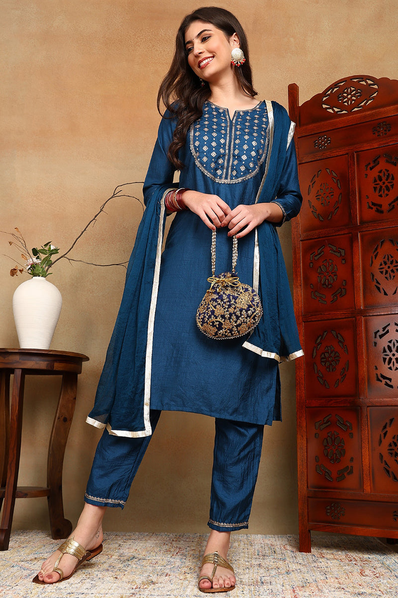 Silk Blend Blue Embroidered Straight Kurta Pant With Dupatta | SHOBITAM