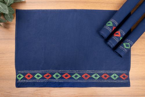 Blue, Red Kantha Cotton Table Mats- 4Pack | SHOBITAM