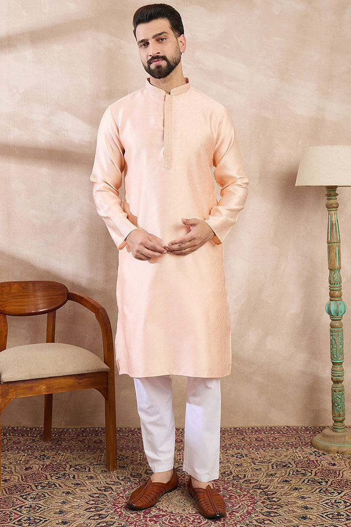 Peach Silk Blend Solid Embroidered Straight Kurta For Men | SHOBITAM
