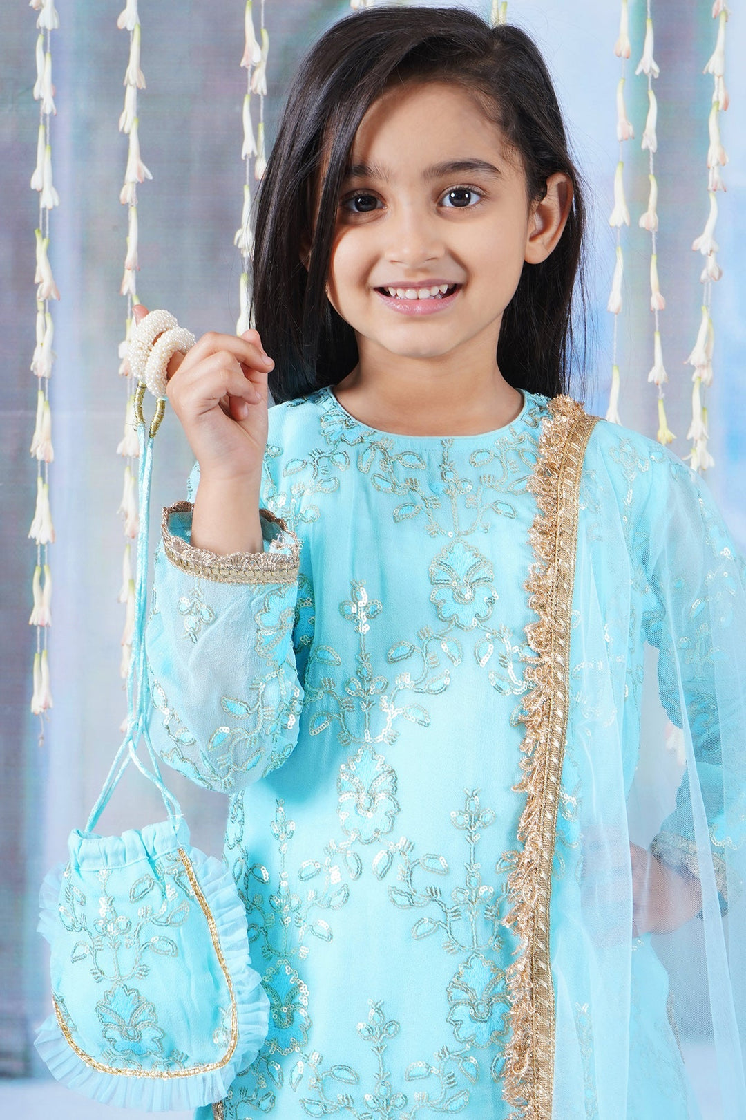 Girls Cotton Candy Blue Kurta with Irish Thread and Sequin work Embroidery with Sharara, Dupatta and Potli | SHOBITAM