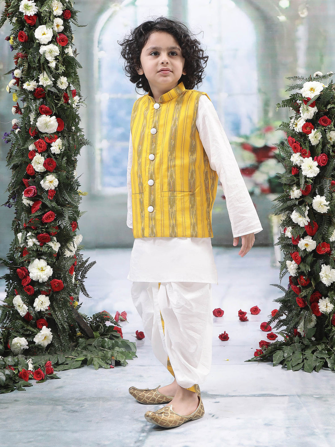 Yellow Ikat Nehru Jacket with Cotton Kurta Dhoti Set | SHOBITAM