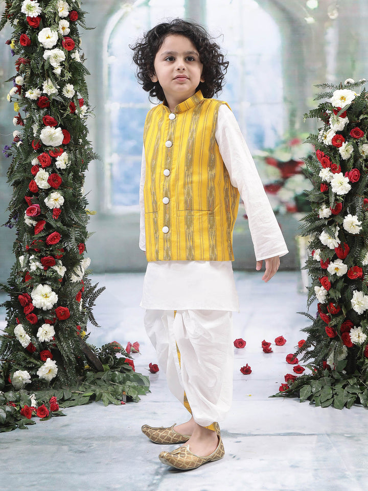 Yellow Ikat Nehru Jacket with Cotton Kurta Dhoti Set | SHOBITAM