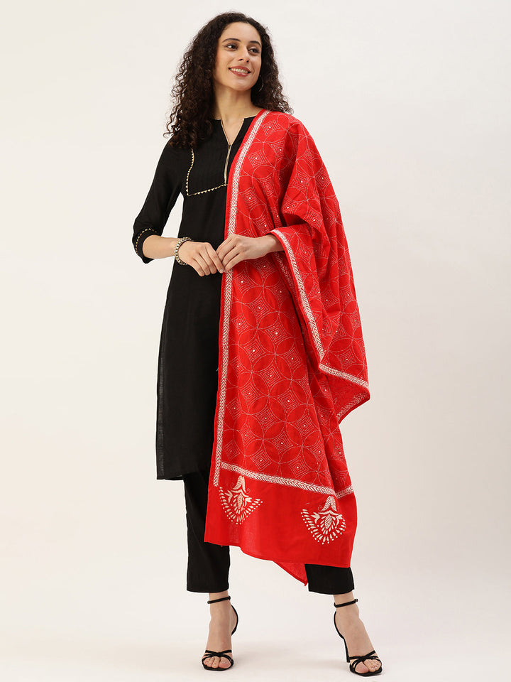 Red Cream Kantha Cotton Dupatta | SHOBITAM
