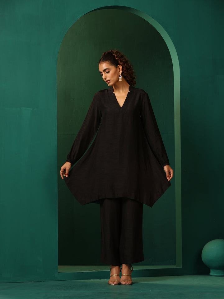 Black Silk Collar Co-ord Set  | SHOBITAM