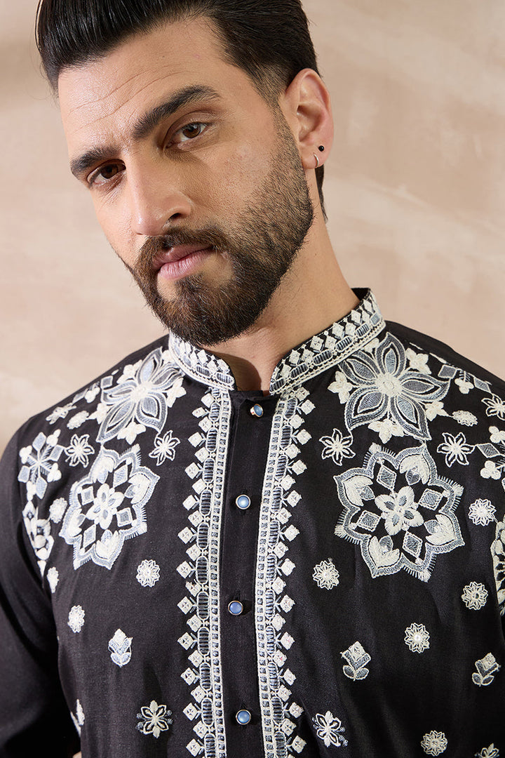 Black Silk Blend Embroidered Mandarin Collar Straight Kurta With Trouser | SHOBITAM