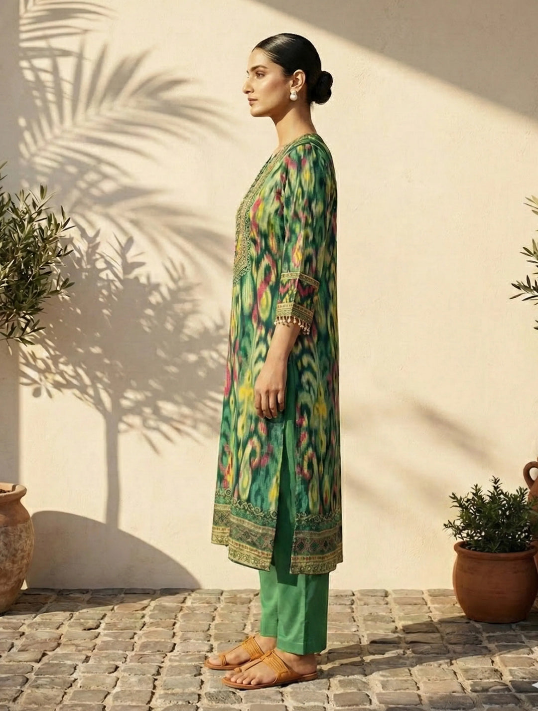 Green Ikat Print Embroidered V-Neck Kurta Pant Dupatta Set | SHOBITAM