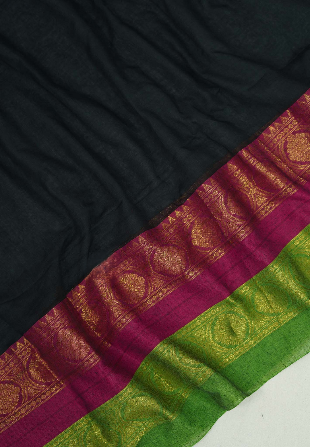 Jet Black Mul cotton Saree with 2 colors Border | SHOBITAM