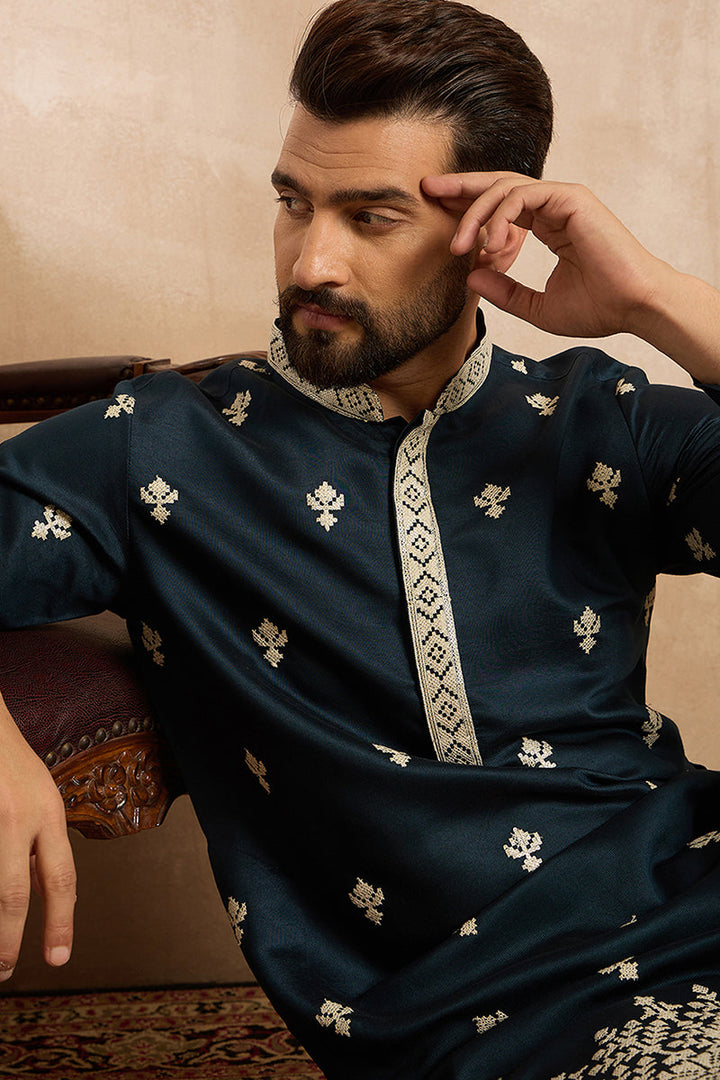 Navy Blue Polyester Solid Embroidered Straight Kurta With Trouser | SHOBITAM