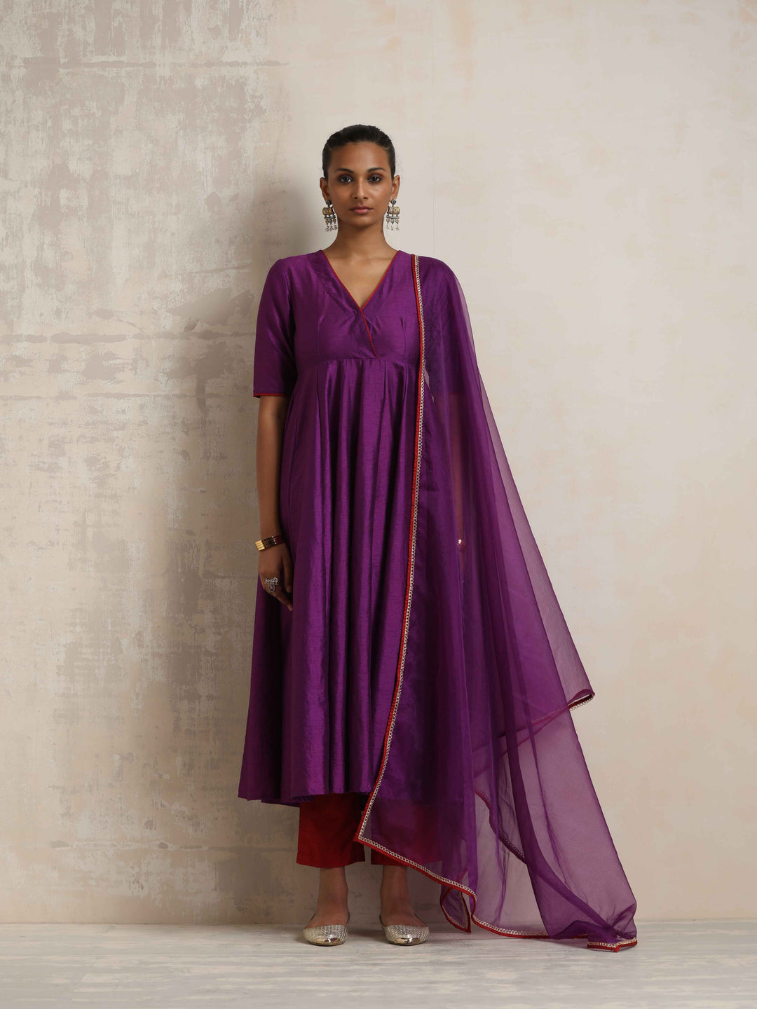 Purple Silk Anarkali Kurta Pant Dupatta Set | SHOBITAM