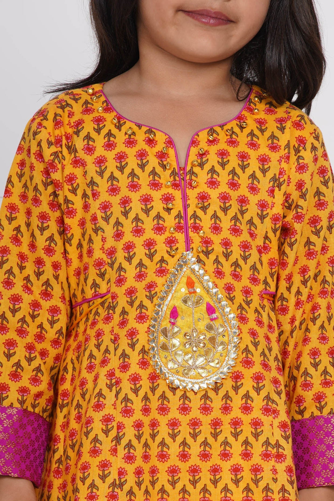 Girls Cotton Jaipuri Princecut Kurta frock with buti work, Sharara, and Dupatta | SHOBITAM