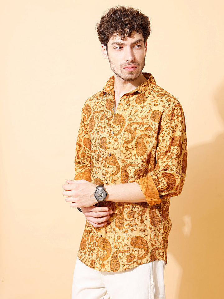 Haldi Gold Ajrakh Full Sleeve Cotton Shirt in Mustard for Men