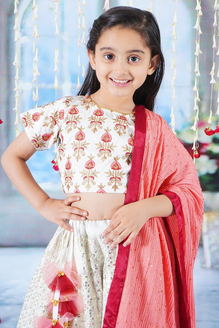Girl Bageecha Floral Thread work Blouse with Mirror work Lehenga and Sequin moti work Dupatta, accompanied with Hand made tassel and Ghungroo work | SHOBITAM