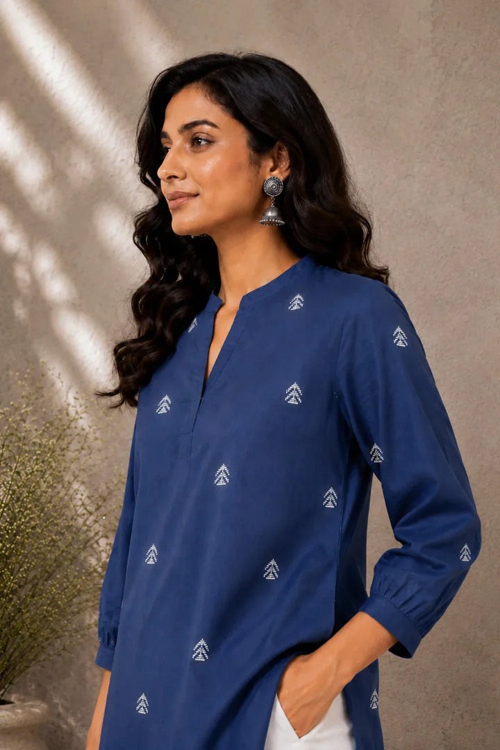 Blue Woven South Cotton Top | SHOBITAM