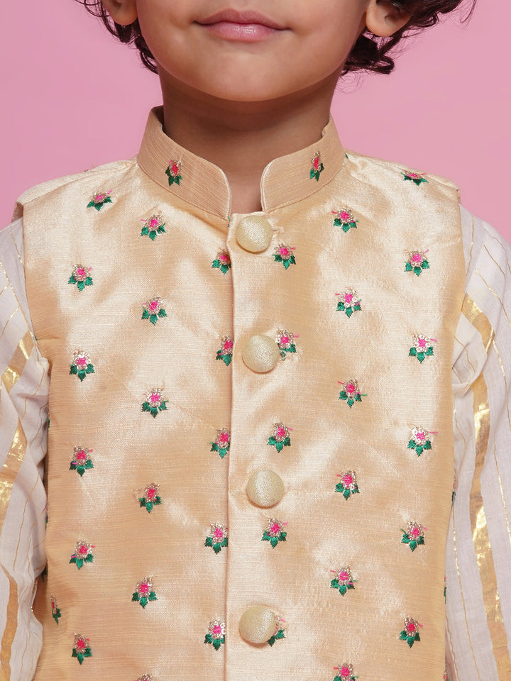Cotton Full Sleeves Kurta with Floral Embroidery Nehru Jacket and Dhoti -Cream | SHOBITAM