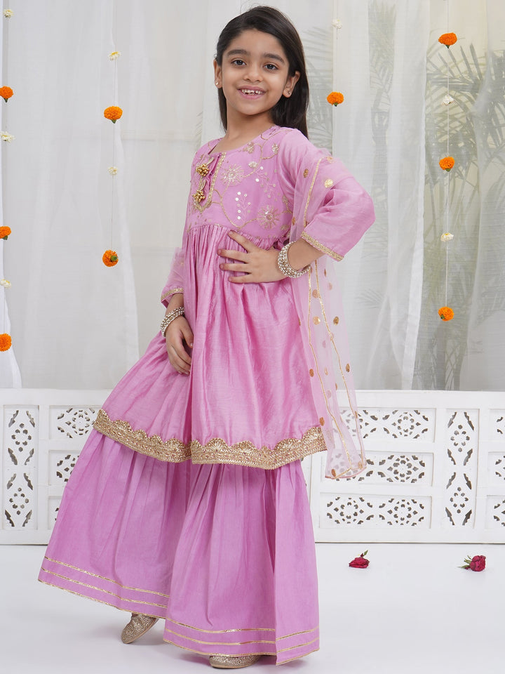 Girls Lavender Pink Chanderi Semi-Silk Floral Embroidery Kurta Sharara Set with Dupatta & Cotton Lining | SHOBITAM