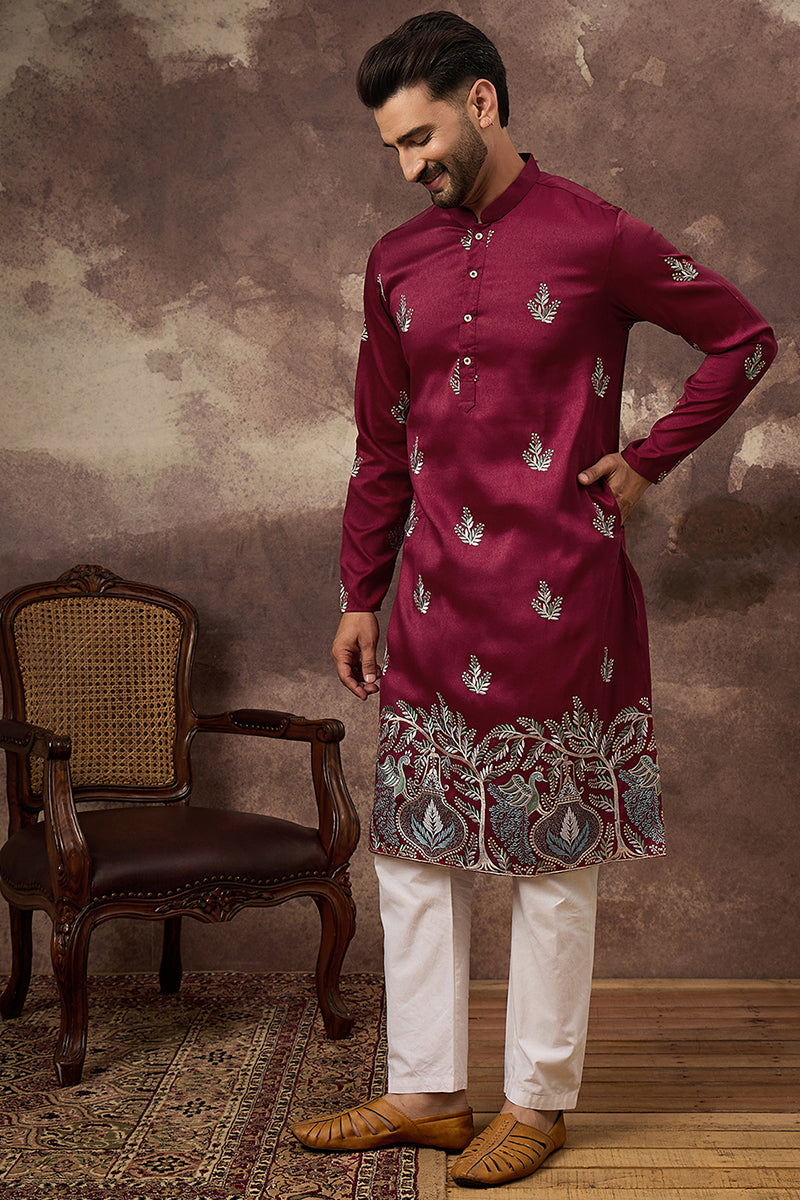 Maroon Silk Blend Solid Embroidered Straight Kurta with Trouser  | SHOBITAM