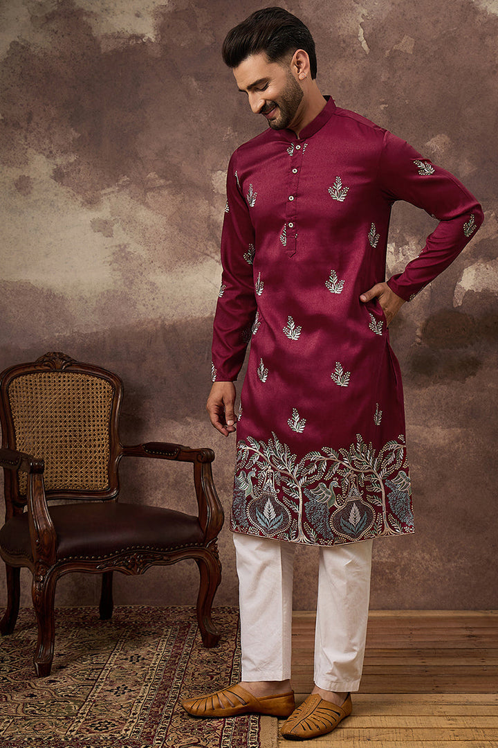 Maroon Silk Blend Solid Embroidered Straight Kurta with Trouser  | SHOBITAM
