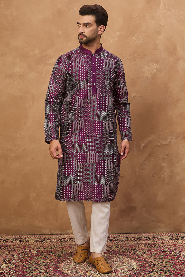 Purple Silk Blend Geometric Printed Straight Kurta  | SHOBITAM