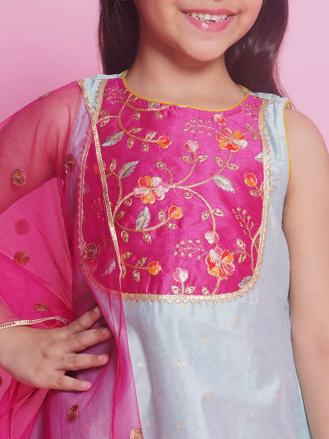 Girls Cotton Silk Sleeveless Kurta with Dhoti Salwar and Dupatta with Floral Embroidery - Dolphin Green | SHOBITAM