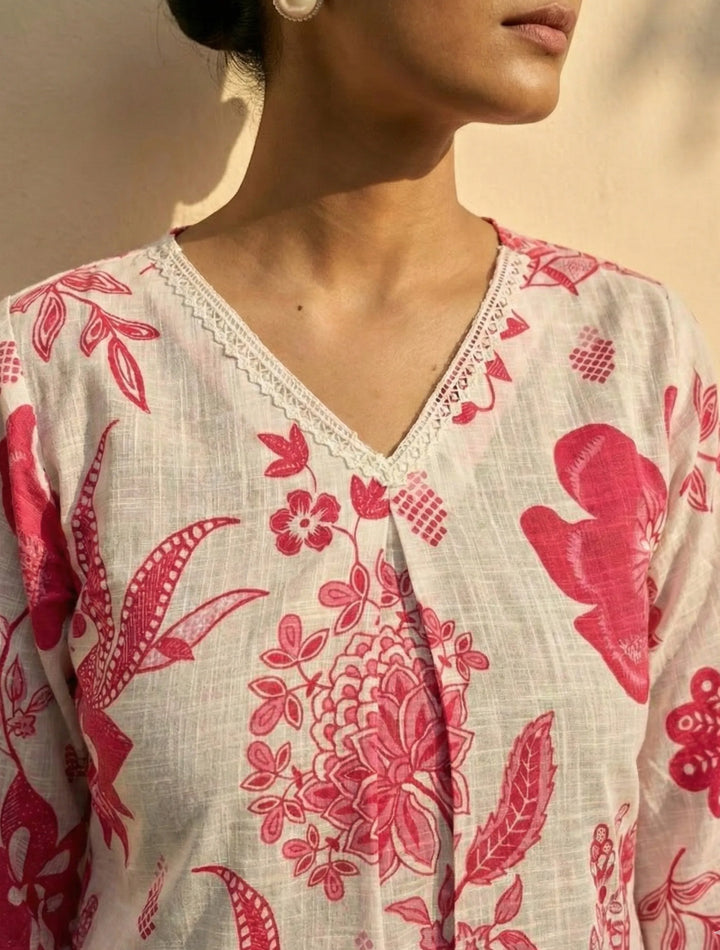 White Pink Floral Print Kurta Pant Set | SHOBITAM