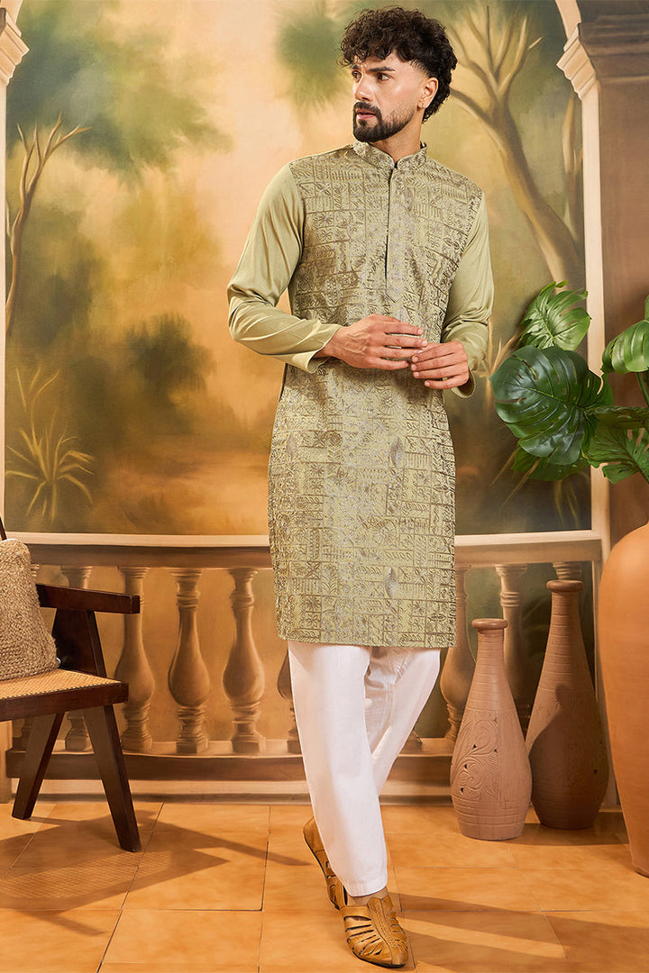 Green Silk Blend Solid Embroidered Straight Kurta | SHOBITAM