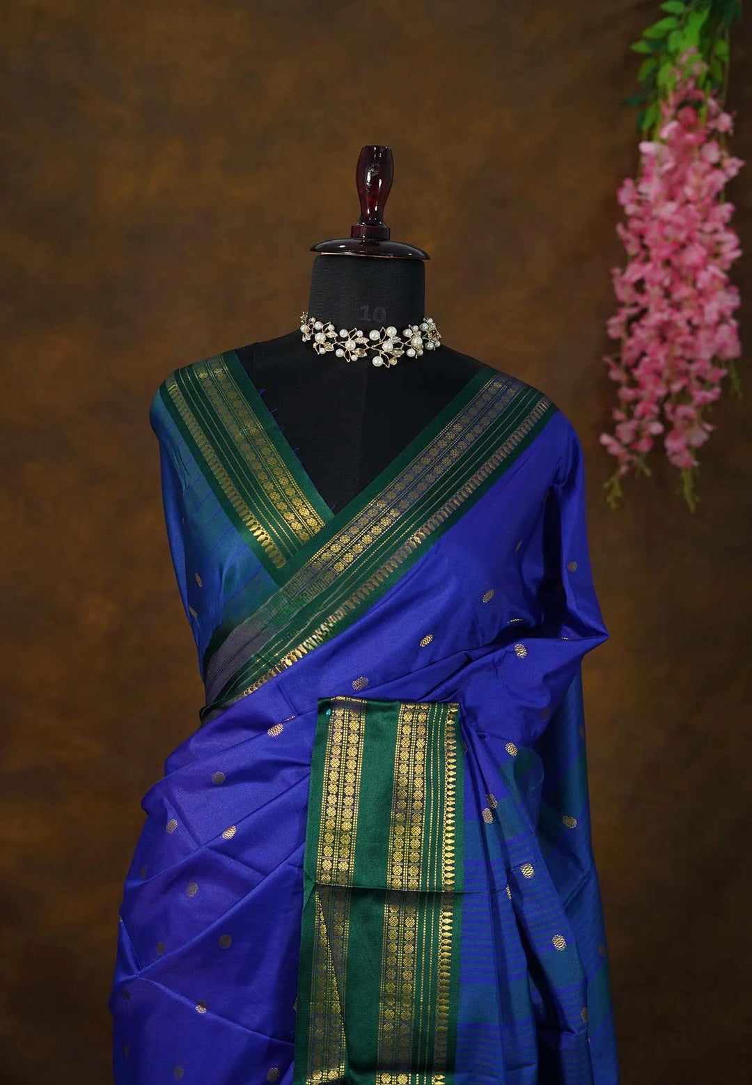 MS Blue Semi Cotton Silk Gadwal Saree with Rettapet Border with Buttas | SHOBITAM