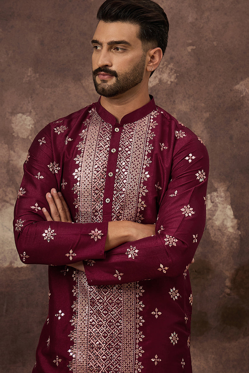 Maroon Silk Blend Solid Embroidered Straight Kurta | SHOBITAM