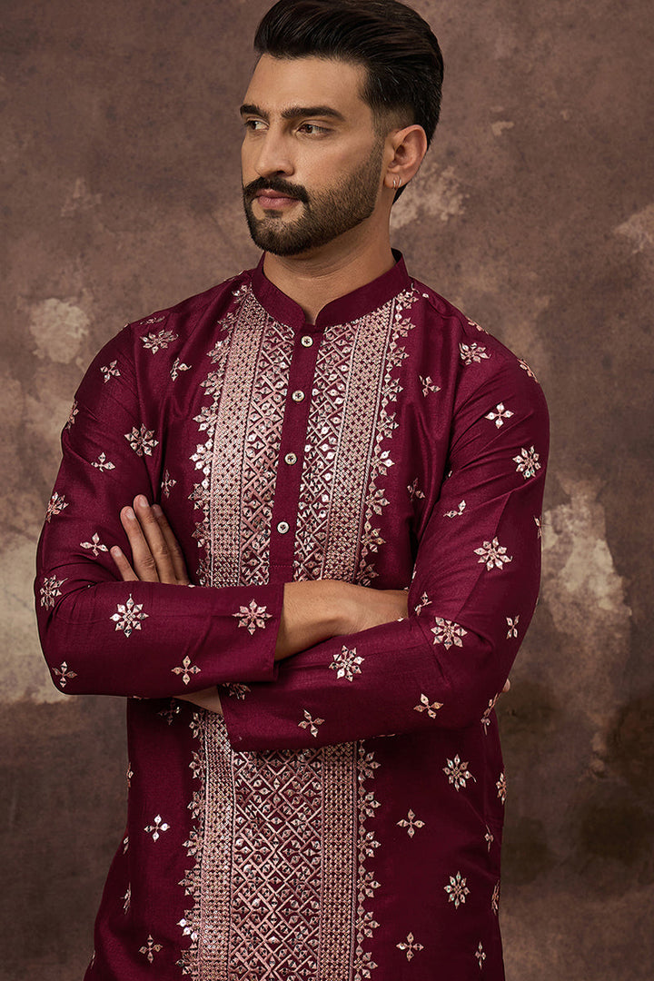 Maroon Silk Blend Solid Embroidered Straight Kurta | SHOBITAM