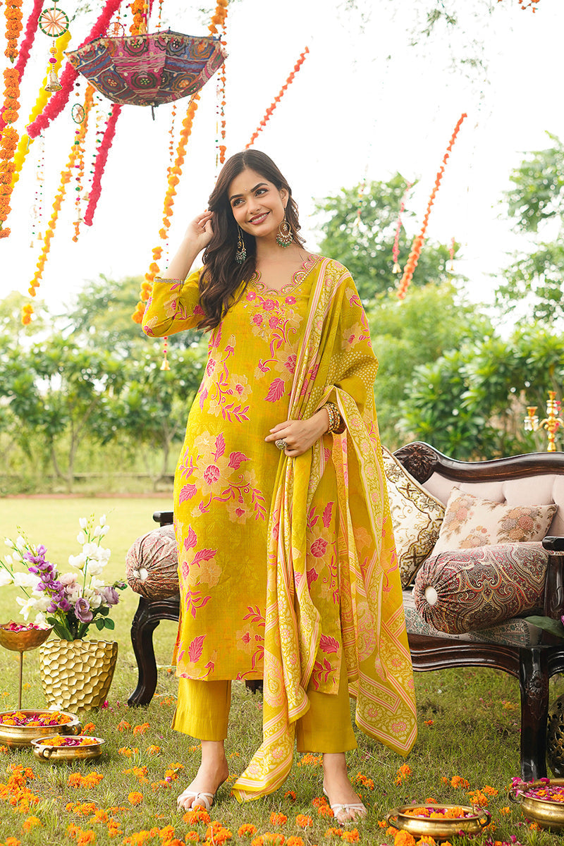 Yellow Viscose Rayon Floral Embroidered Straight Kurta Trousers With Dupatta | SHOBITAM