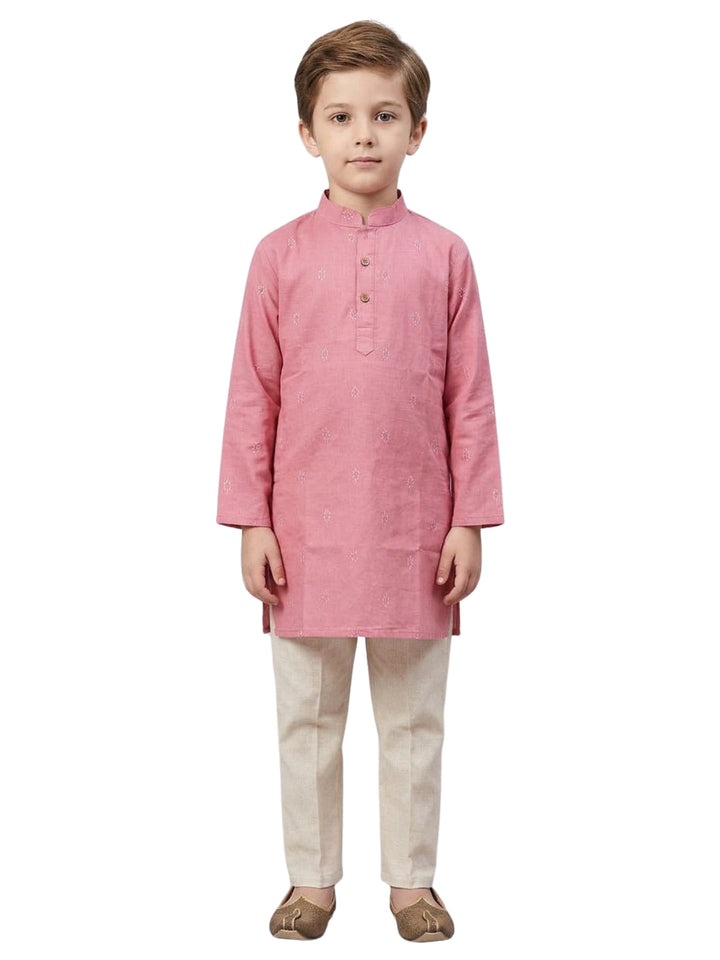 Boys Pink Cotton Kurta Set with Buta Motif | SHOBITAM