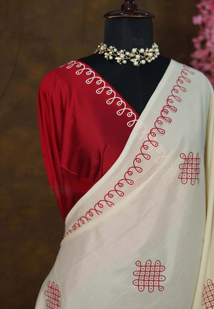 Bamboo Cotton Saree with Kolam Handblock Print | SHOBITAM