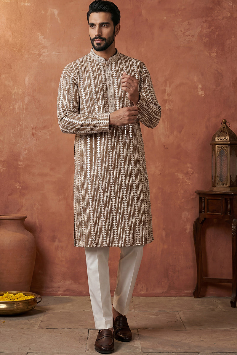 Brown Rayon Blend Embroidered Straight Kurta | SHOBITAM