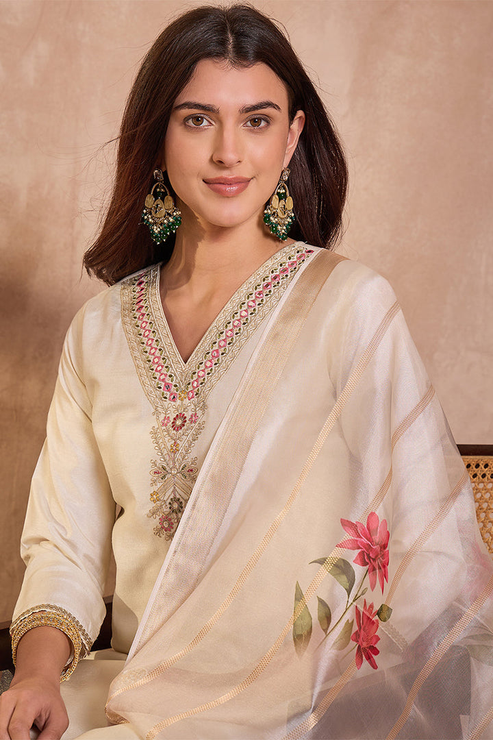 Off White Silk Blend Solid Embroidered Straight Kurta Trouser With Dupatta | SHOBITAM
