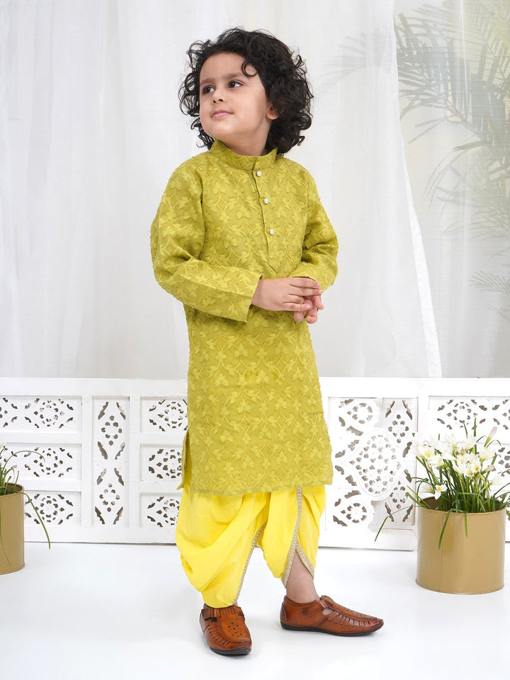 Boys Cotton Full Sleeves Self Weaving Kurta with Dhoti and Pearl Buttons - Green | SHOBITAM