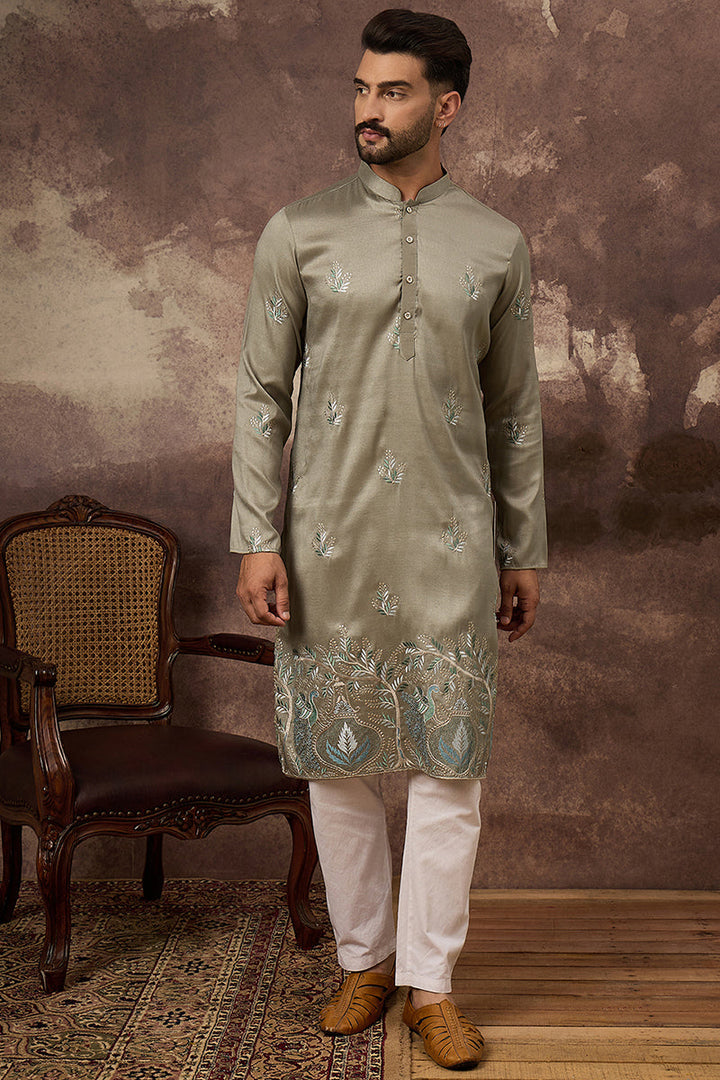 Green Silk Blend Solid Embroidered Straight Kurta with Trouser  | SHOBITAM