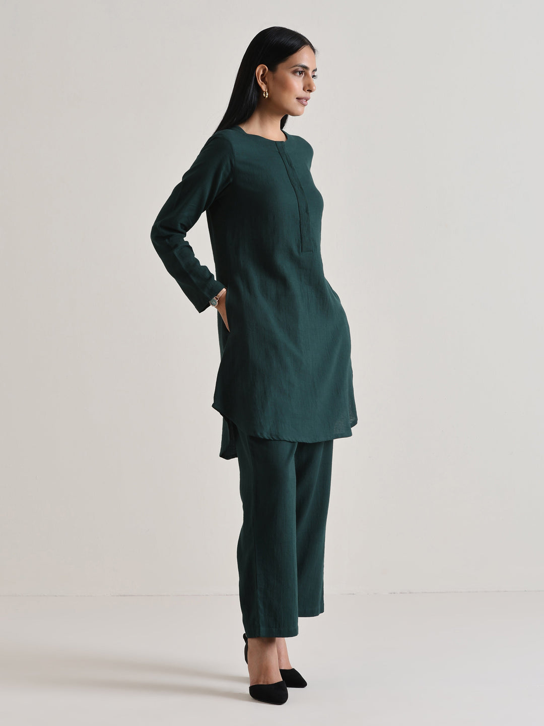 Dark Green Front Placket Co-Ord Set | SHOBITAM
