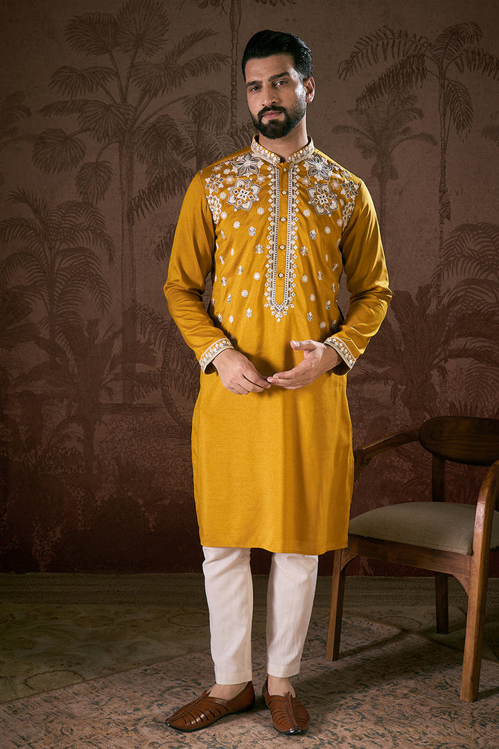Mustard Silk Blend Solid Embroidered Straight Kurta | SHOBITAM