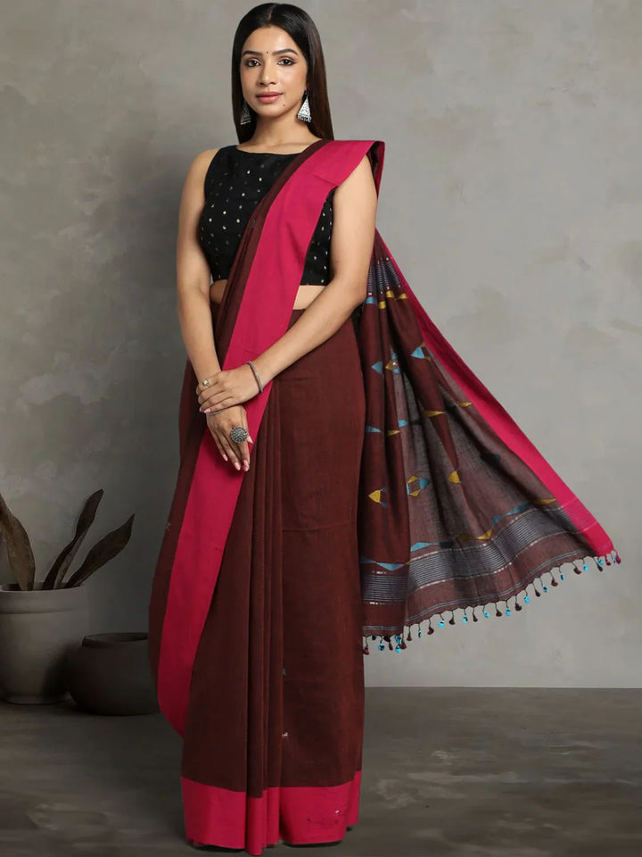 Brown Handloom Jamdani Cotton Saree With Blouse Piece