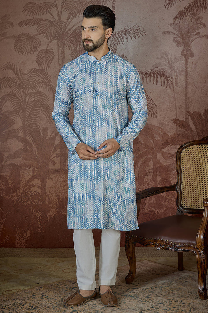 Mens Blue Linen Ethnic Motifs Printed Regular Kurta With Trouser | SHOBITAM