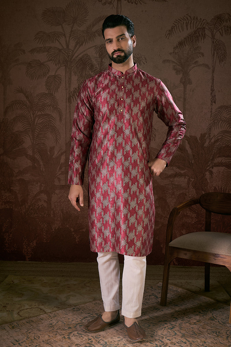 Maroon Silk Blend Chevron Printed Straight Kurta For Men | SHOBITAM