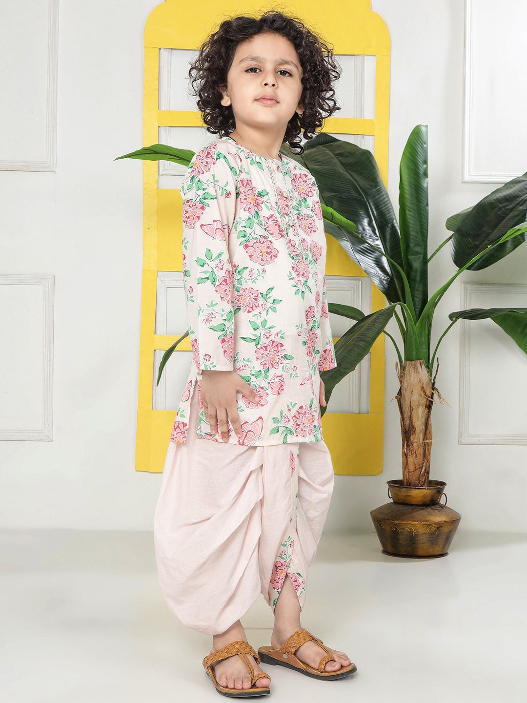 Petal Pink Floral Cotton Kurta with Dhoti | SHOBITAM