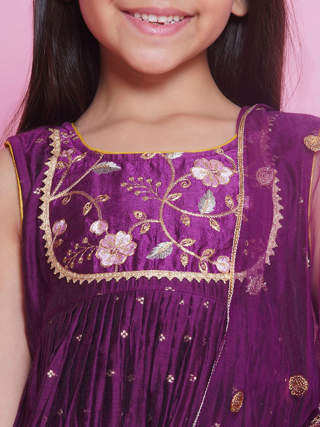 Girls Chanderi Semi- Silk Sleeveless Floral Embrodiery Kurta Frock with Sharara and Dupatta -Rayon Purple | SHOBITAM