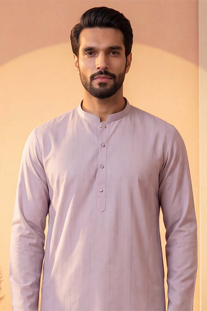 Mens Lavender Silk Blend Solid Kurta With Trousers | SHOBITAM