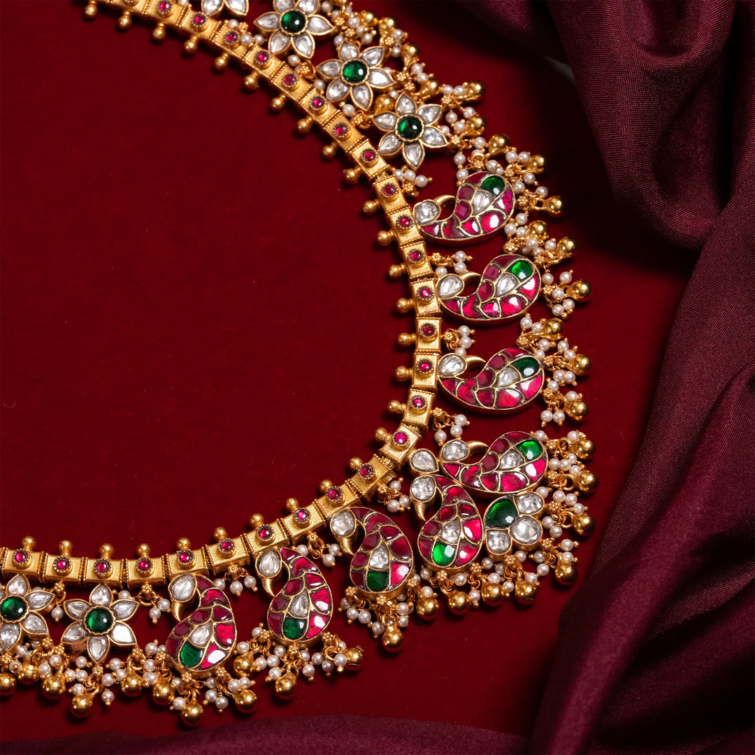 Stunning 92.5 Silver, Gold Plated Morika Phool Short Necklace