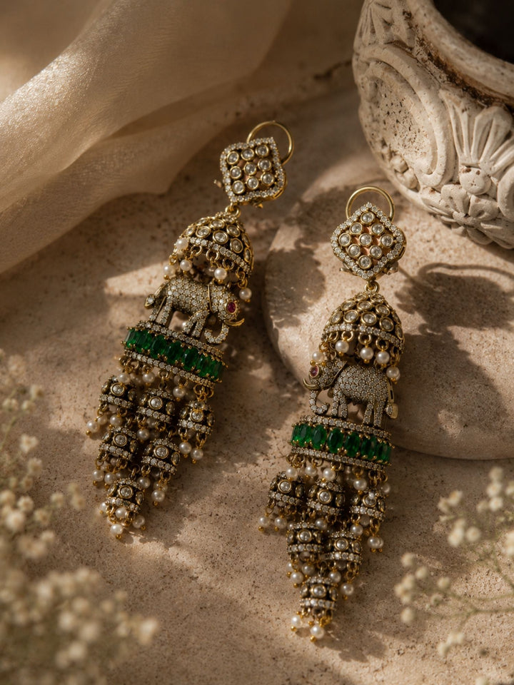 Elephant Pearl Green Jhumka Earrings | SHOBITAM
