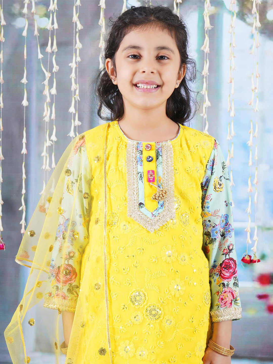 Rajasthani Floral Embroidery & Print Kurta Sharara - Yellow & Green | SHOBITAM