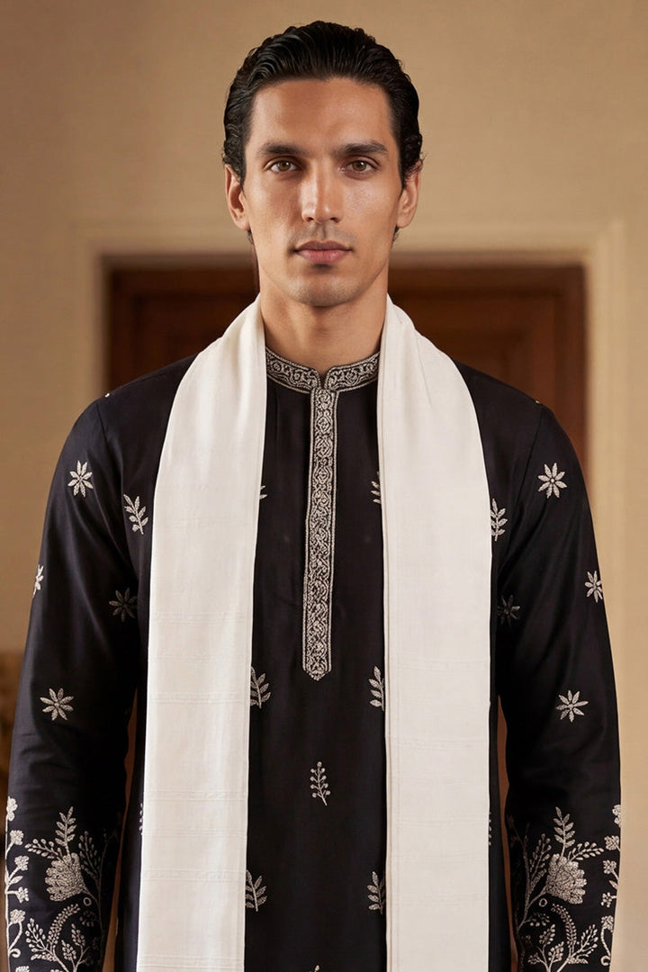 Men Black Silk Blend Solid Embroidered Straight Kurta Sets  | SHOBITAM