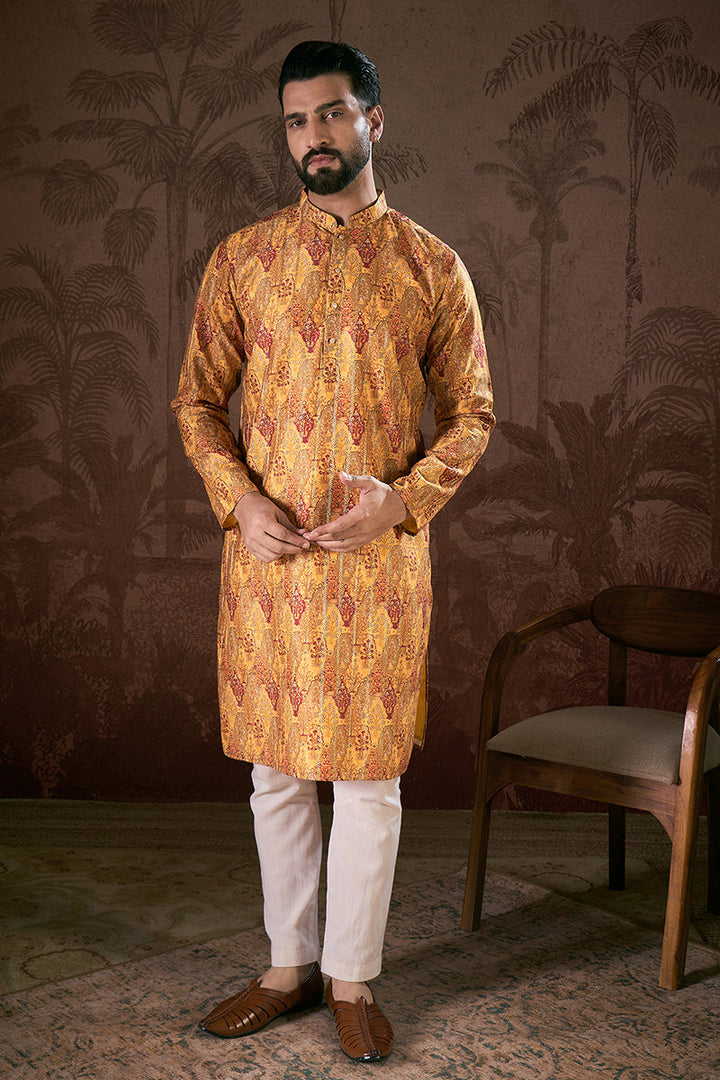 Mustard Silk Blend Ethnic Motifs Printed Straight Kurta With Trouser | SHOBITAM